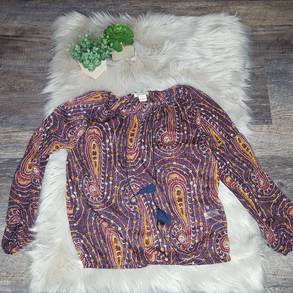 Lucky Brand Womens Patterned Blouse Size S Tassels